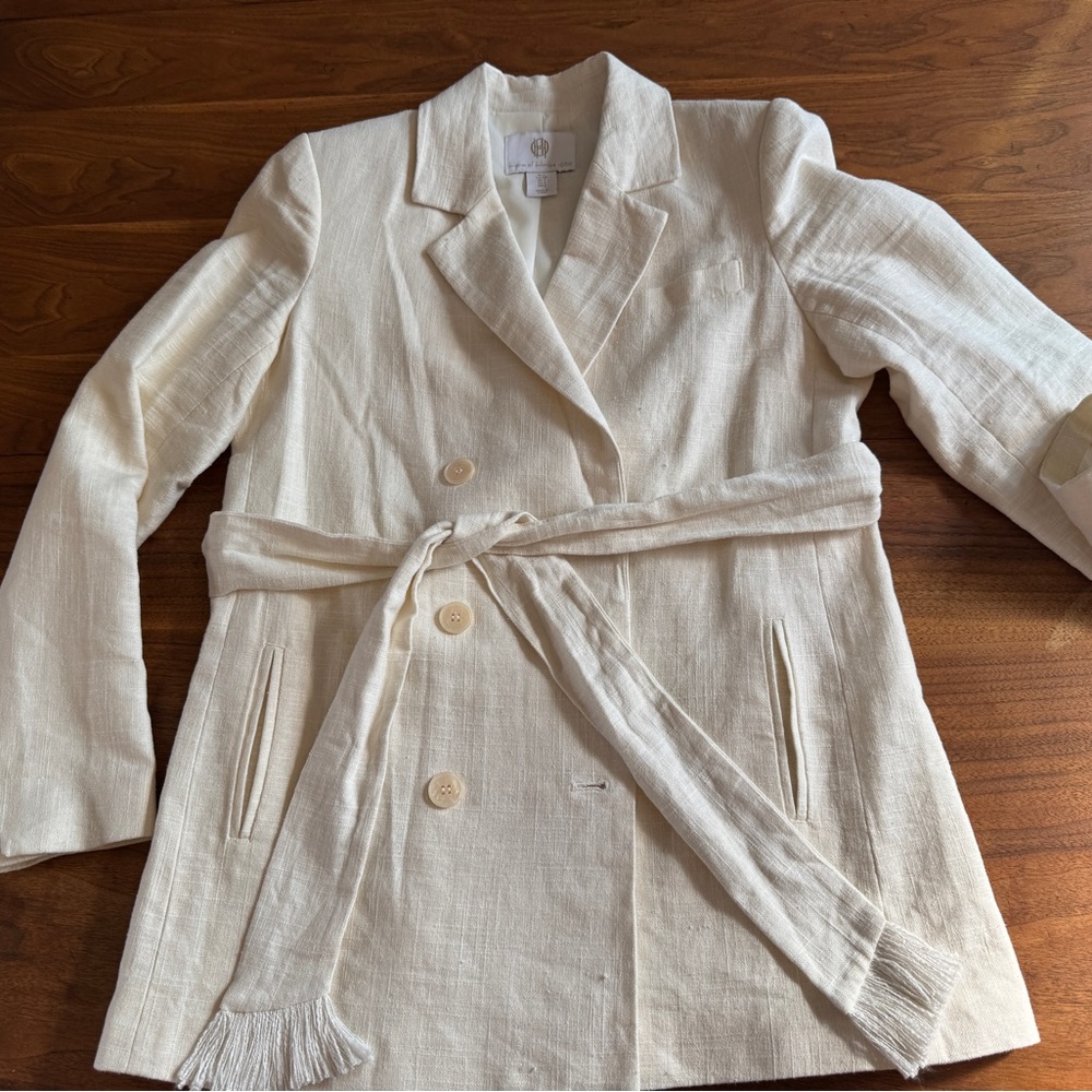 House of Harlow Double Breasted Cream Linen Blend Jacket with Fringed Tie Sz S - Picture 8 of 15